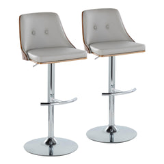 Gianna Mid-Century Modern Adjustable Barstool with Swivel in Chrome Metal, Walnut Wood and Light Grey Faux Leather with Rounded T Footrest by LumiSource - Set of 2