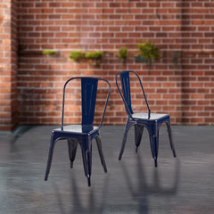 Set of 2 Dark Blue Industrial Metal Dining Chairs 18 Inch Seat Height Stackable Indoor Outdoor, Lightweight Easy-Clean Surface, Easy Assembly, Durable Modern Design