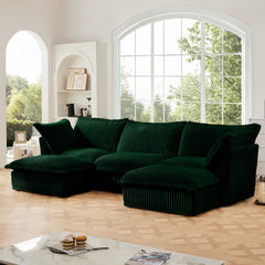 Slipcovered U Shape Sectional Deep Seat Sofa Couch, 3 Seater Sofa with French Edges Design Multiple Big Pillows, Modular Deep Seat Sectional Sofa Comfy Cloud Couch for Living Room, Apartment, Green