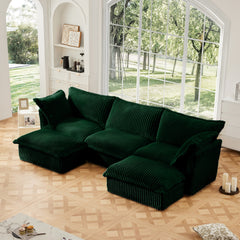Slipcovered U Shape Sectional Deep Seat Sofa Couch, 3 Seater Sofa with French Edges Design Multiple Big Pillows, Modular Deep Seat Sectional Sofa Comfy Cloud Couch for Living Room, Apartment, Green