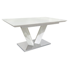 Sleek Contemporary Style Dining Table White High Gloss Finish Tabletop Self-Storing Extension Leaf V-shaped Support Chrome Base Plate Dining Room Furniture 1pc