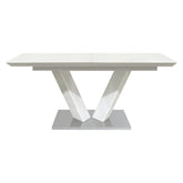 Sleek Contemporary Style Dining Table White High Gloss Finish Tabletop Self-Storing Extension Leaf V-shaped Support Chrome Base Plate Dining Room Furniture 1pc