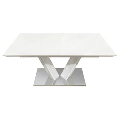Sleek Contemporary Style Dining Table White High Gloss Finish Tabletop Self-Storing Extension Leaf V-shaped Support Chrome Base Plate Dining Room Furniture 1pc