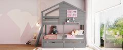 Twin over Twin Bunk Bed with 2 Drawers, 1 Storage Box, 1 Shelf, Window and Roof-Gray