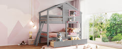 Twin over Twin Bunk Bed with 2 Drawers, 1 Storage Box, 1 Shelf, Window and Roof-Gray
