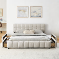 Queen Size Upholstered Bed ,comfortable upholstered bed frame, Chenille fabric, with headboard and solid bed frame. With drawer for storage.-Beige(88.5''*68.5''*31'')