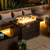 44" Propane Gas Fire Pit Table, 50000 BTU Rectangular Fire Pit, Tile Tabletop with Beautiful Wicker Base for Outside Patio Deck Garden Courtyard-Brown