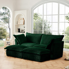 Slipcovered Sofa 2 Seater Sofa With 2 Ottomans, 2 Seater Sleeper Sofa Bed Home Theater Oversized Sofa For Living Room, Corduroy, Green