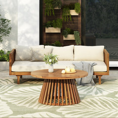 Acacia Wood Patio Furniture Set,Outdoor 3 Seater Daybed(with Water Resistant Thick Cushions)and Round Coffee Table, Beige Cushion