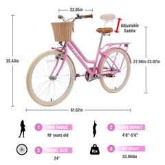Steel Frame,Multiple Colors, for 10+Years Old Girls Bike,24 inch wheel