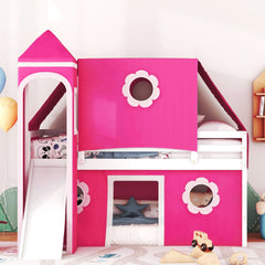 Twin Size Loft Bed with Slide Pink Tent and Tower - Pink
