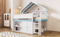 Full Size Loft Bed with Canopy Roof and Storage Cabinet, White and Blue