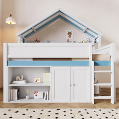 Full Size Loft Bed with Canopy Roof and Storage Cabinet, White and Blue