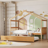 Twin Size Wooden House Bed with Twin Size Trundle, Natural