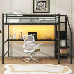 Full Size Metal Loft Bed with Desk, Storage Staircase, Small Wardrobe and LED Light,Black