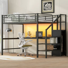 Full Size Metal Loft Bed with Desk, Storage Staircase, Small Wardrobe and LED Light,Black