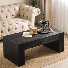 Modern Black Solid Wood Coffee Table, 49in Rectangular Coffee Table for Living Room, Farmhouse & Contemporary Decor
