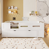 Wood Full Size Platform Bed with Guardrail and Drawer, White