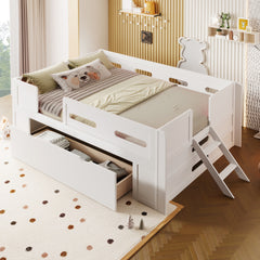 Wood Full Size Platform Bed with Guardrail and Drawer, White