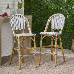 29.5" Outdoor PE Rattan French Barstool, White and Black, Aluminum Frame with Bamboo Finish (Set of 2)