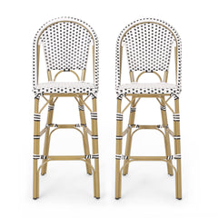 29.5" Outdoor PE Rattan French Barstool, White and Black, Aluminum Frame with Bamboo Finish (Set of 2)