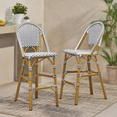 29.5" Outdoor PE Rattan French Barstool, White and Black, Aluminum Frame with Bamboo Finish (Set of 2)