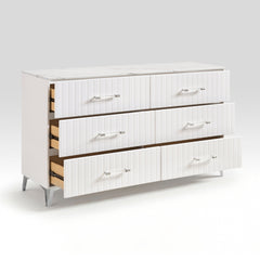 Glam White Dresser of 6x Storage Drawers Faux Marble Laminated Top Chrome Metal Legs Bedroom Furniture 1pc