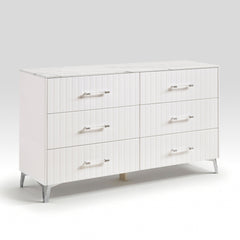 Glam White Dresser of 6x Storage Drawers Faux Marble Laminated Top Chrome Metal Legs Bedroom Furniture 1pc