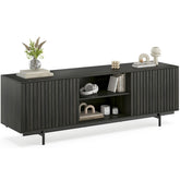 Mid Century Modern TV Stand for TVs Up to 75", Farmhouse Fluted TV Stand, Retro Wood TV Stand with Storage and Shelf, Entertainment Center with Pop-Up Doors for Living Room, Bedroom