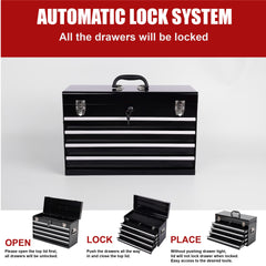 Heavy Duty Metal Tool Box, 21-inch, Portable Metal Tool Box with 4 Drawers, Small Tool Chest with EVA Liners, Ball Bearing Slide Drawers Locking & Powder Coated Finish, Multi-Function Tool Organizer