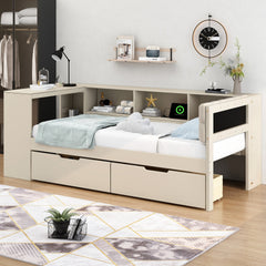 Wood Twin Size Platform Bed with Storage Shelves, Drawers, Charging Station and Upholstered Headboard, Cream