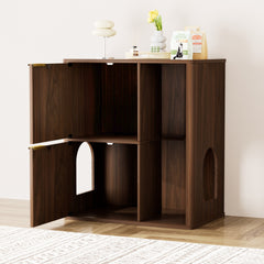 31.5-inch Walnut Cat Litter Cabinet with Cat Tree - Grooved Concealed Litter Furniture Featuring Dual Cat Doors and Storage Shelves, Versatile Pet Cabinet for Living Rooms or Bedrooms