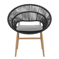 Cyril Outdoor Wicker Papasan Style Dining Chair, Teak Finished Leg and Dark Gray Faux Rattan, Gray Cushion, Set of 2