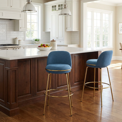 Rio Claro Indoor Metal Upholstered Barstool, Gold Finished Frame and Blue Upholstery, Set of 2
