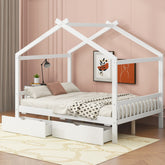 Full Size House Platform Bed with Two Drawers,Headboard and Footboard,Roof Design,White