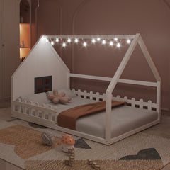 Full Size Wood House Bed with Window and Fence, White