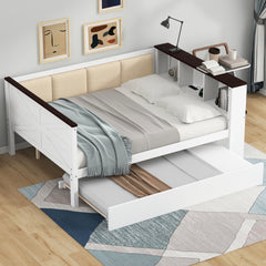 Full Size Wood Daybed with Storage Shelves, Upholstered Backrest,USB and Trundle, White