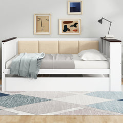 Full Size Wood Daybed with Storage Shelves, Upholstered Backrest,USB and Trundle, White