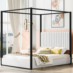 Queen Size Upholstery Canopy Platform Bed with Headboard and Metal Frame, White