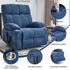 Blue Dual Motor Infinite Position Up to 350 LBS Chenille Power Lift Recliner Chair, Heavy Duty Motion Mechanism with 8-Point Vibration Massage and Lumbar Heating, Dual Cup Holders