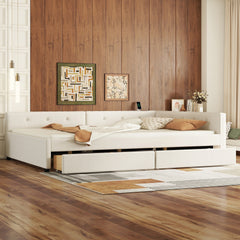 Full Size Upholstered Platform Bed with USB and 2 Drawers, Beige