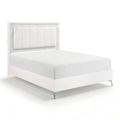 Glam White Queen Panel Bed LED Light Upholstered Headboard Faux Marble Laminated Top Chrome Metal Legs Bedroom Furniture 1pc