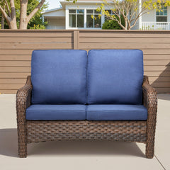 49.6" PE Wicker Rattan Outdoor Furniture Couch, Patio Loveseat with Blue Deep Seat Cushions