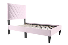 Modern V-Stitching Tufted Design Twin Bed Velvet Upholstered in Light Pink