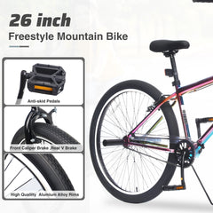 26 Inch Freestyle Bike for Teens, Steel Frame Single-Speed Bicycle with 2 Pegs , Front Caliper Brake and Rear V Brake, Bicycle for Boys and Girls Ages 14+