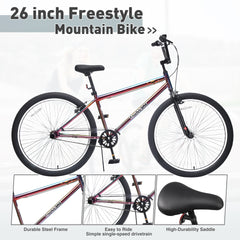 26 Inch Freestyle Bike for Teens, Steel Frame Single-Speed Bicycle with 2 Pegs , Front Caliper Brake and Rear V Brake, Bicycle for Boys and Girls Ages 14+