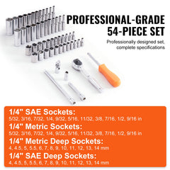 Socket Set, 1/4 Inch Drive Socket and Ratchet Set, 6-Point Socket Opening, 54 Pieces Tool Set SAE and Metric, Deep and Standard Sockets, 5/32-9/16 in, 4-14 mm, with Accessories, Storage Case
