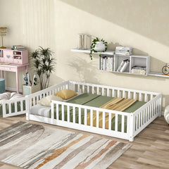 Full Size Floor Bed with Fence and Door,Rubber Wood Floor Bed with Safety Guardrails,White