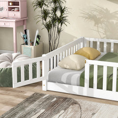 Full Size Floor Bed with Fence and Door,Rubber Wood Floor Bed with Safety Guardrails,White
