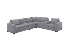 Modern Large Family Light Gray Corduroy 6pc Sectional Set Living Room One Arm Loveseat Wedge Console Armless Chair Couch Set